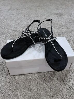 Madden Girl Black Rhinestone T-Strap Sandals with Ankle Strap